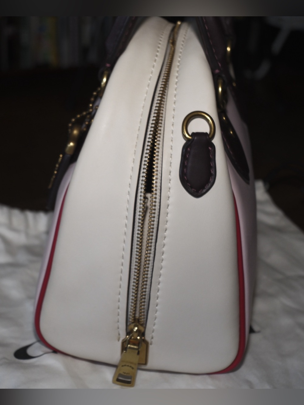 Coach Colorblock Pink  and Cream Marliegh Satchel w/Oxblood Trim and Red Piping - Picture 5 of 15